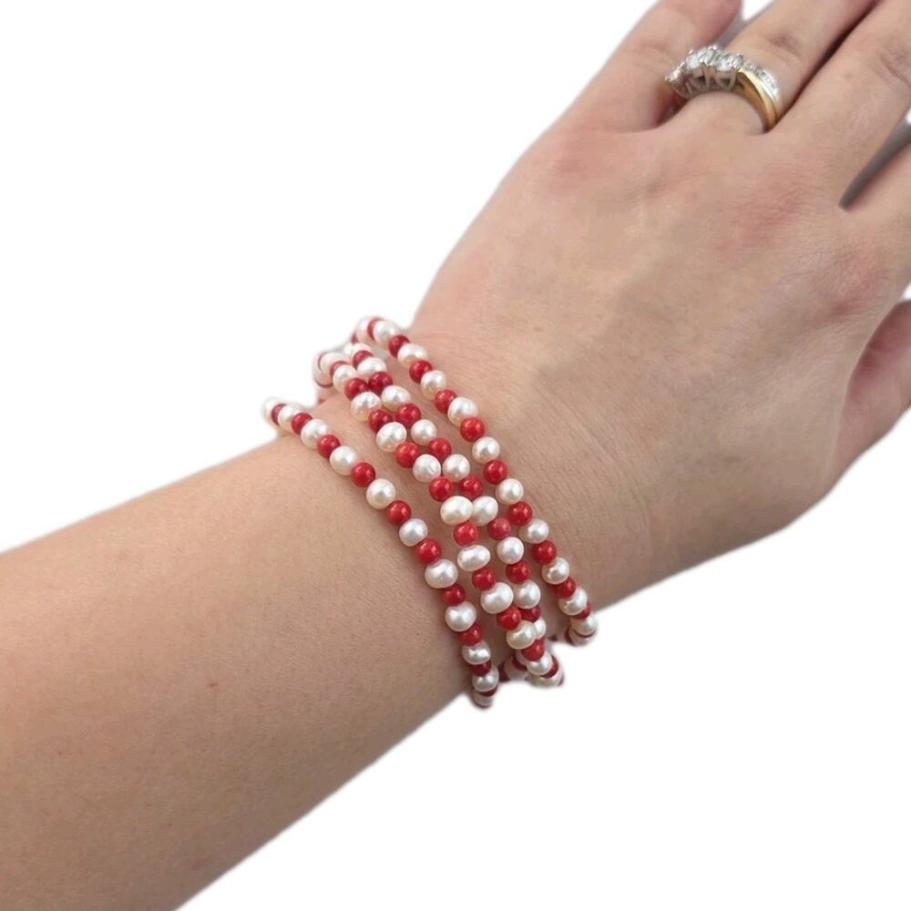 Sterling Silver 925 Red Coral White Pearl Stone Beaded 7" Bracelet‎ Magnetic New